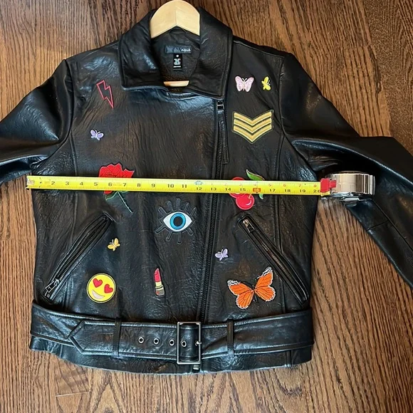 Glee Aqua Black leather emoji motor jacket Sz L - Picture 7 of 8